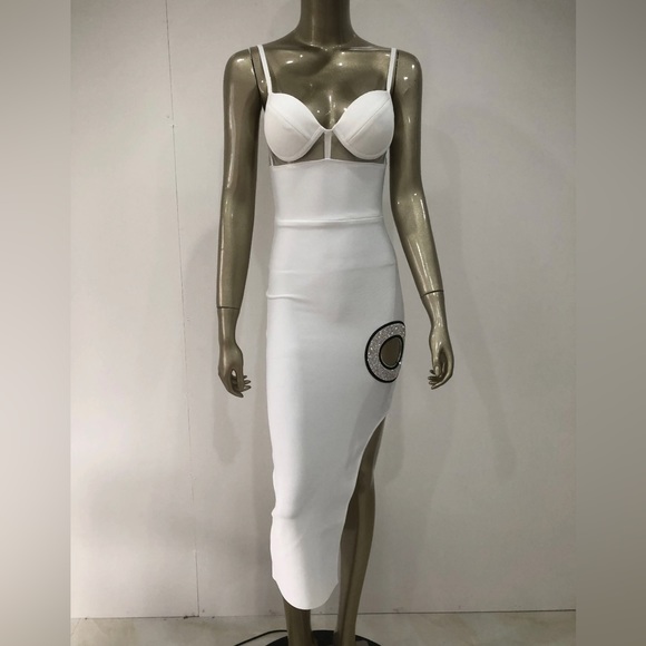 24/hr sale💗Josephine Blanc luxury runway couture bodycon white dress rhinestone - Picture 5 of 9